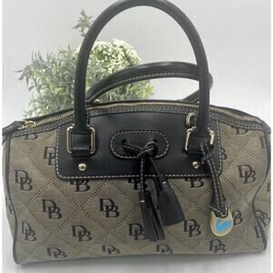 Dooney & Bourke satchel handbag. Grey and black signature fabric, leather trim